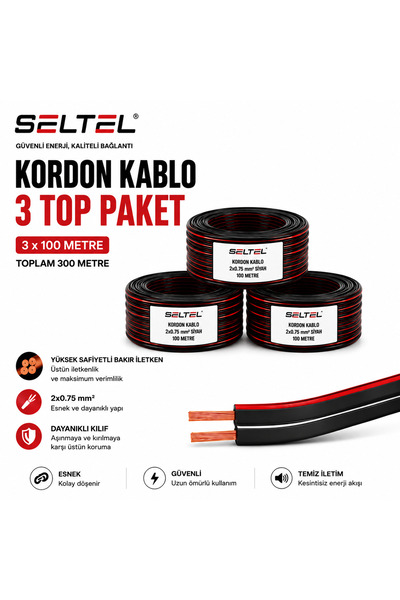 SELTEL Kordon Kablo 2x0,75 mm² Siyah 3 Top 300 Metre | Aydınlatma tesisat Hop...