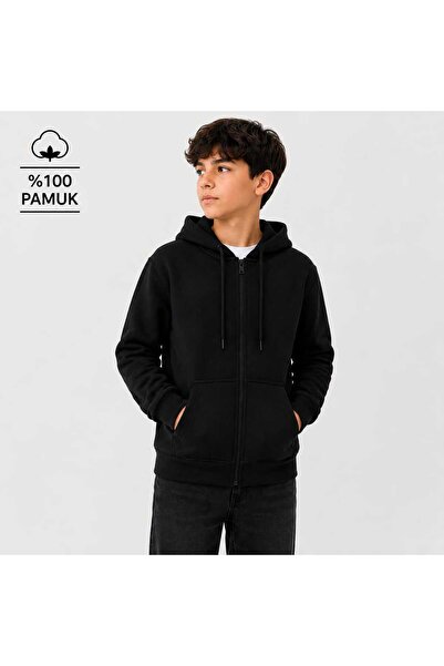 T.trend SWEATSHİRT SİYAH GENÇ BEDEN KAPÜŞONLU FERMUARLI %100 PAMUK