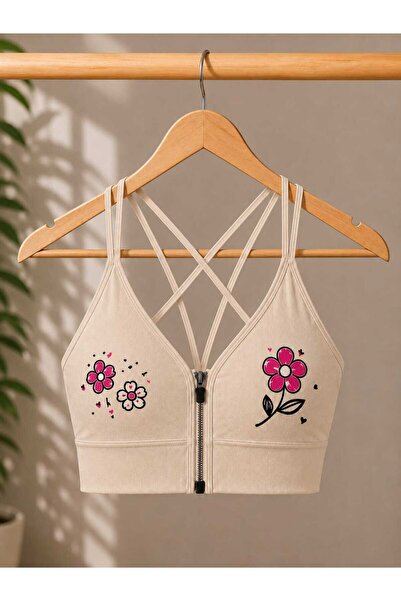 Novera Ribbed Floral Patterned Zippered Sports Bra Bustier with Removable Pads