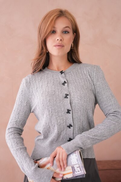 Noi Belis Basic Ribbon Button Detailed Hair Braided Knitwear Cardigan Aw25Hi0066