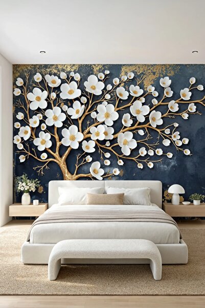 dreamwall Altın Çiçek Ağacı- Çiçekli Ağaç Desenli Tek Parça Tekstil Duvar Kağıdı