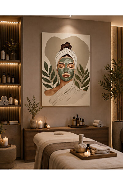 EvimeTablo Spa Kadın Figürlü Kanvas Tablo – Yüz Maskeli Kadın ve Yaprak Temal...