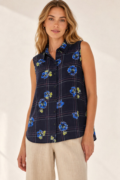 Nuevo Women's Navy Blue Floral Patterned Plaid Sleeveless Shirt