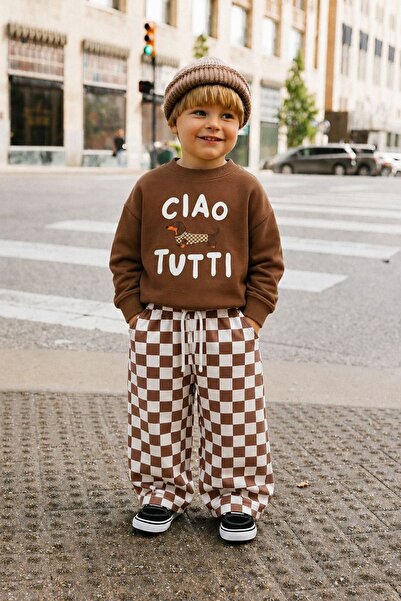 Minigimin Cicileri Ciao Dog Printed Checkered Boys' 2-Piece Set - Brown