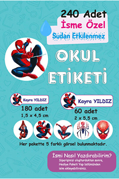 Mina Design Studio Örümcek Adam Kişiye Özel Sudan Etkilenmeyen Okul Etiketi 2...