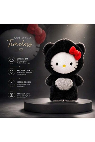 Hello Kitty دمية محشوة ناعمة - تصميم زي الدب الأسود مع ربطة عنق حمراء - 20 سم فائقة النعومة وقابلة للعناق - هدية مثالية للأطفال والمعجبين