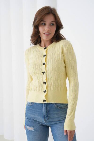 Noi Belis Basic Ribbon Button Detailed Hair Braided Knitwear Cardigan Aw25Hi0066
