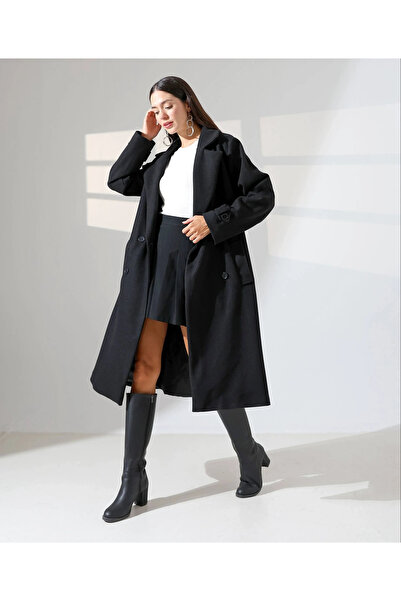 bysoca Women's Black Long Sleeve Double-Breasted Oversize Cashmere Coat with ...