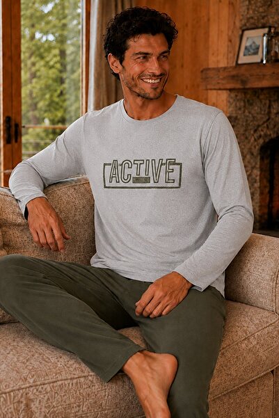 ELİTOL Combed Cotton Knitted Cotton Men's Long Sleeve Crew Neck Printed Pocke...