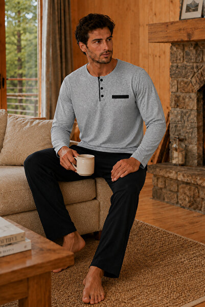ELİTOL Combed Cotton Knitted Cotton Men's Long Sleeve Pajama Set with Placket...