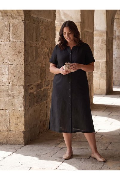 STORi Women's Plus Size Midi Shirt Dress Buttoned Short Sleeve Viscose Black