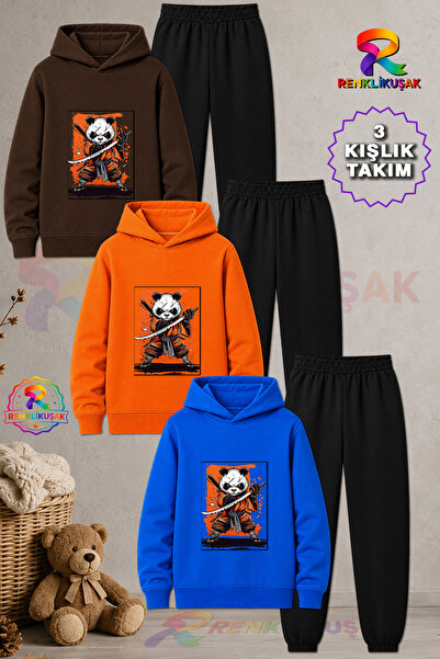RENKLİKUŞAK Çocuk Unisex 3lü Set Panda Ninja Kilici Baskılı Kapşonlu Eşofman ...