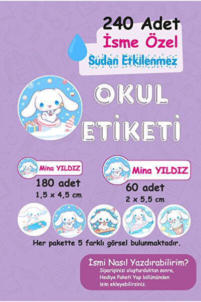 Mina Design Studio Cinnamoroll Kişiye Özel Sudan Etkilenmeyen Okul Etiketi 24...