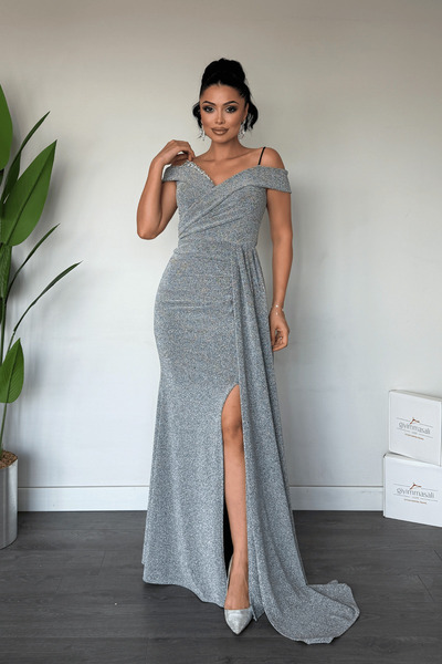 giyimmasalı Metallic Fabric Shawl Detailed Evening Dress - Gray