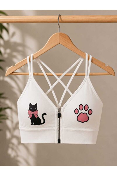 Novera Ribbed Cat Patterned Zippered Sports Bra Bustier with Removable Pads