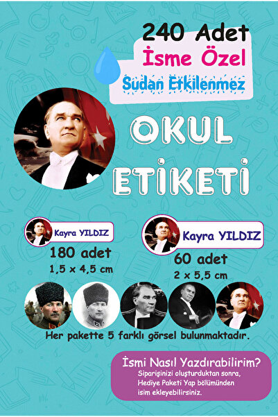 Mina Design Studio Atamız Kişiye Özel Sudan Etkilenmeyen Okul Etiketi 240 Adet