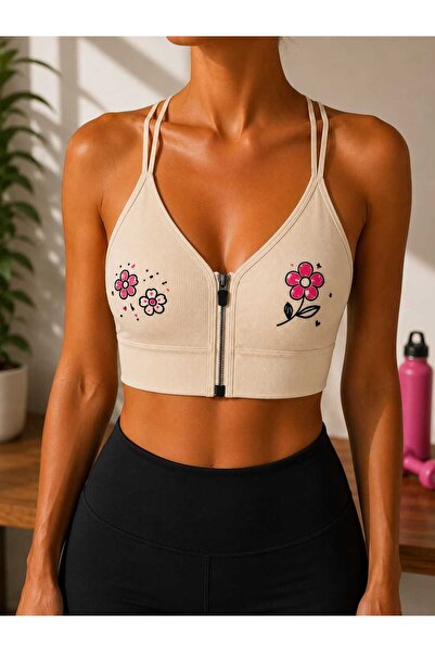 Novera Ribbed Floral Patterned Zippered Sports Bra Bustier with Removable Pads