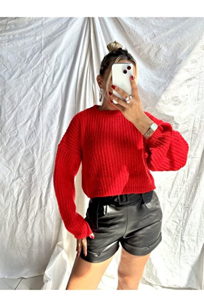 Gözde Tasarım Butik Women's New Season Red Color Cycling Collar Short Knitwea...