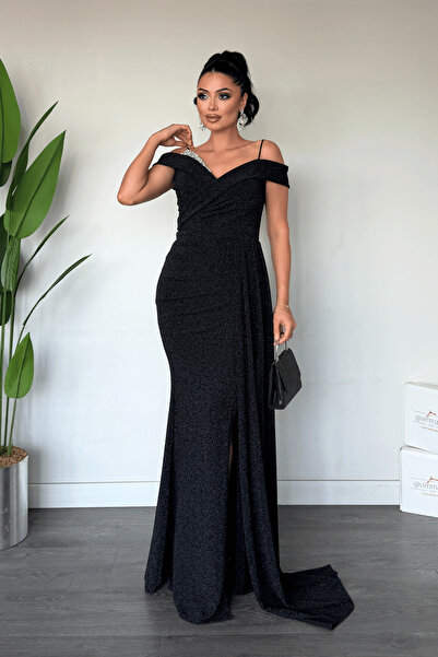 giyimmasalı Metallic Fabric Shawl Detailed Evening Dress - Black