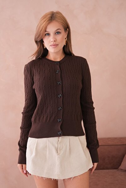Noi Belis Basic Ribbon Button Detailed Hair Braided Knitwear Cardigan Aw25Hi0066
