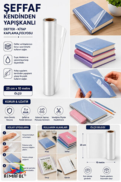 RİMAFOL Transparent Self-Adhesive Notebook Covering Film 25 cm X 10 Meters