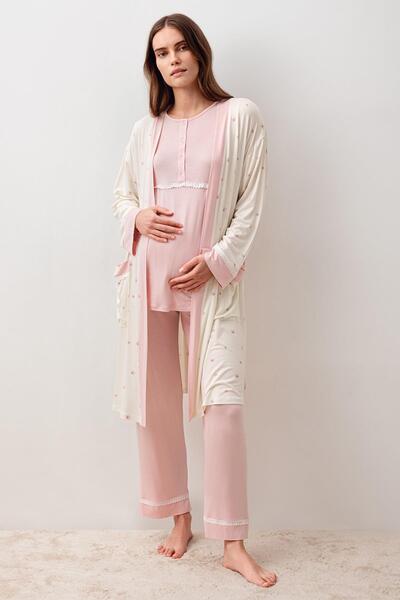 Artış Long Sleeve Patterned Lycra Viscose Maternity Dressing Gown Pajama Set