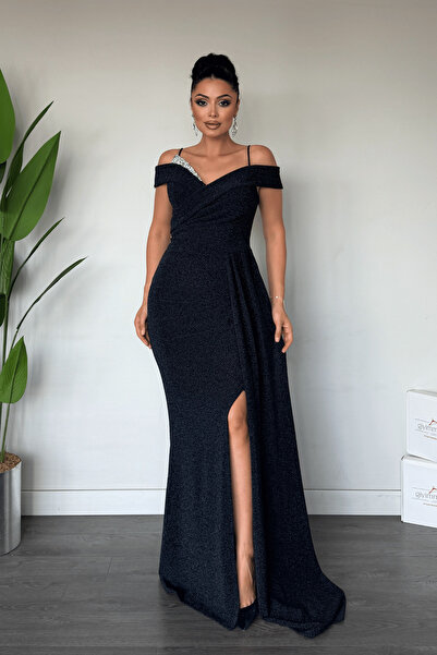 giyimmasalı Metallic Fabric Shawl Detailed Evening Dress - Dark Blue