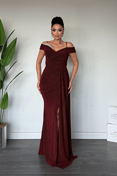 giyimmasalı Metallic Fabric Shawl Detailed Evening Dress - Bordo