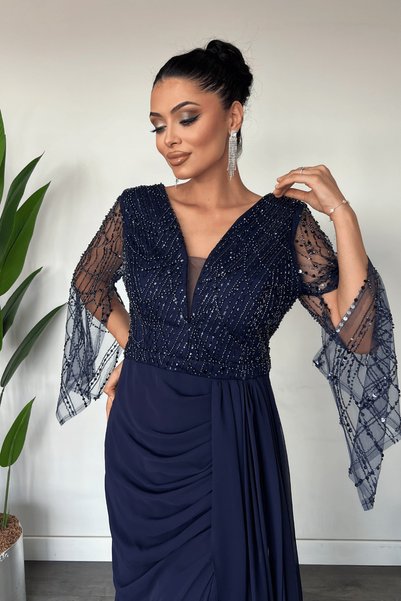 giyimmasalı Rochie de seară cu mărgele pe partea superioară și detalii din șifon pe partea inferioară - ALBASTRU ÎNCHIS