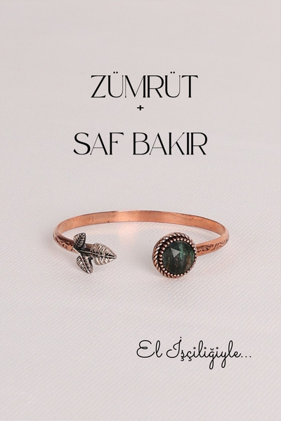 Store Zümrüt Taşlı Doğal Taş Saf Bakır El İşçiliği Bilezik