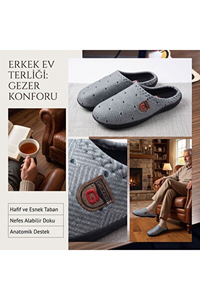 GEZER Men's Gray Patterned Closed Toe House Slippers Comfortable Soft Sole 16721