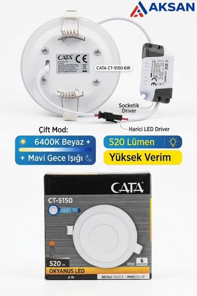 Cata CT-5150 Okyanus 6W Sıva Altı Yuvarlak Led Panel Armatür Spot 6400K Beyaz...
