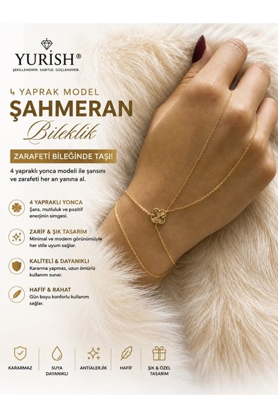 YURISH Women's Gold 4 Leaf Model Şahmeran Bracelet