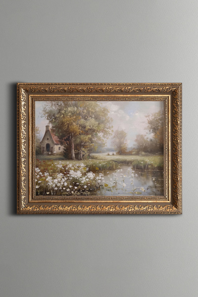 epiqart Country House by the River - Vintage Patterned Painting - Thick Model