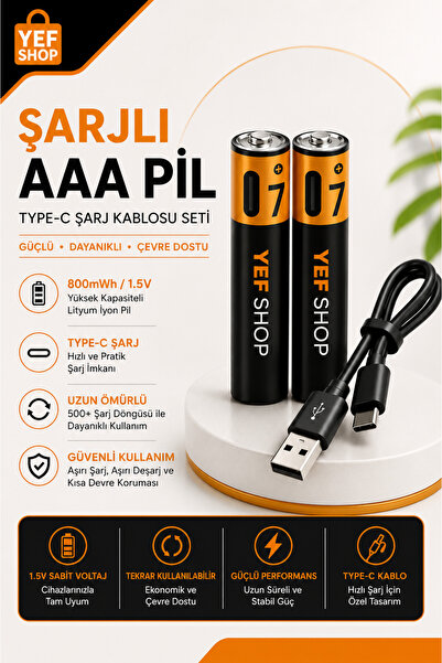 YEF SHOP AAA Şarj Edilebilir Kalem Pil 2'li Type-C Girişli 800mWh