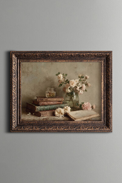 epiqart Roses among Old Books - Vintage Patterned Painting - Thick Model