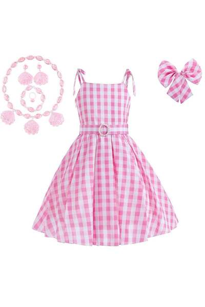 Generic 4-Piece Pink Gingham Sundress Set - Summer A-Line Slip Dress with Mat...