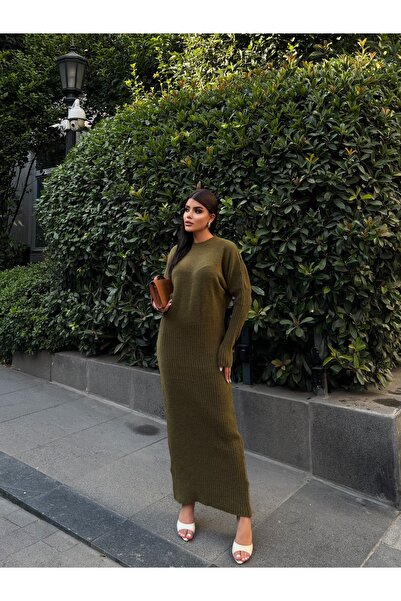 LE CARAMBOLE Women's Khaki Soft Textured Long Ribbed Knit Dress