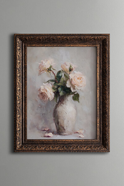 epiqart Powder Roses in a Vase - Vintage Patterned Painting - Thick Model