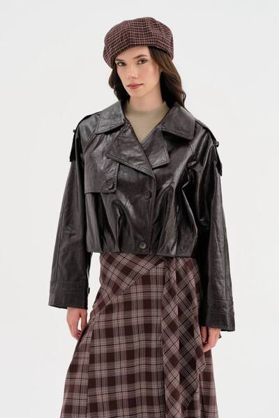 tw3 Women's Double-Breasted Leather Jacket with Pleated Detail at the Bottom ...