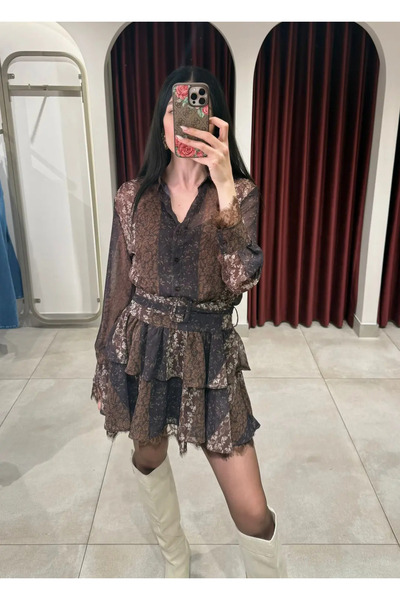 solena sln Kadın Şifon Çiçek Desenli Katlı Mini Elbise