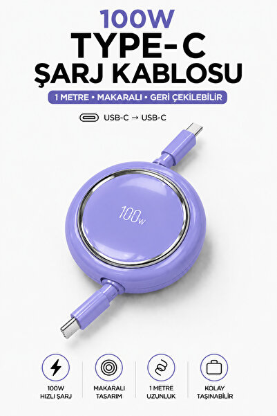 NOREXA 100W Type-C to Type-C Geri Çekilebilir Şarj Kablosu 1 Metre Makaralı H...