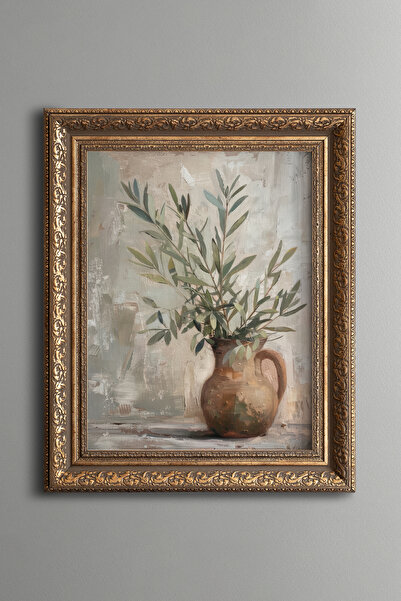epiqart Olive Branches in Clay Vase - Vintage Patterned Painting - Thick Model