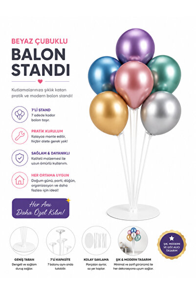 BalonArt 7’li Balon Standı Çubuklu Masa Üstü Balon Tutucu Doğum Günü Parti Sü...
