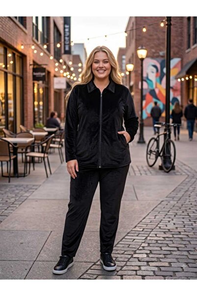 Asel Plus Size Solid Color Pocketed Lycra Soft Zippered Velvet Set