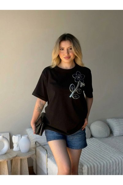 LUNAButik Embossed Floral Motif Stoned T-Shirt - Premium Cotton Crew Neck T-S...