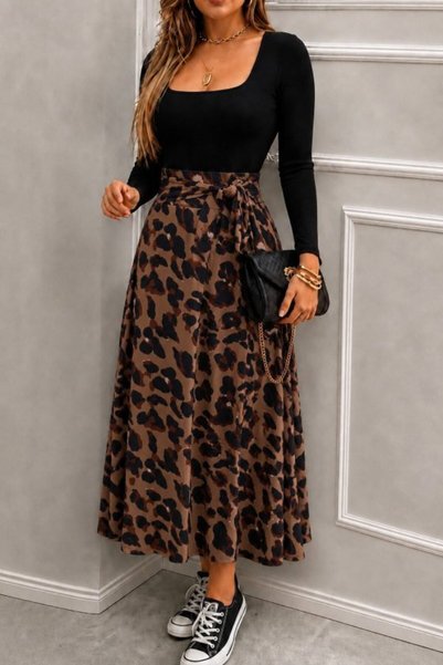 JANES Women's Long Sleeve Square Collar Skirt Patterned Single Jersey Long Viscose Dress with Belt at the Waist