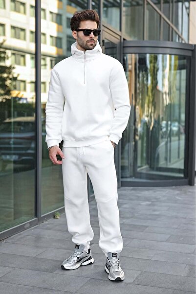 Madmext Ecru Hooded Zipper Detailed Men's Tracksuit Set E7367