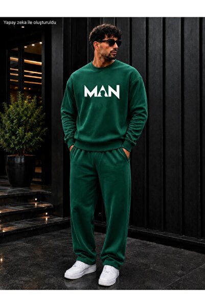 caddekombin Men's Man Typography Printed Crew Neck Regular Fit Men's Tracksui...