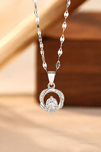 THE Steel Zircon Stone Round Model Silver Color Women's Necklace